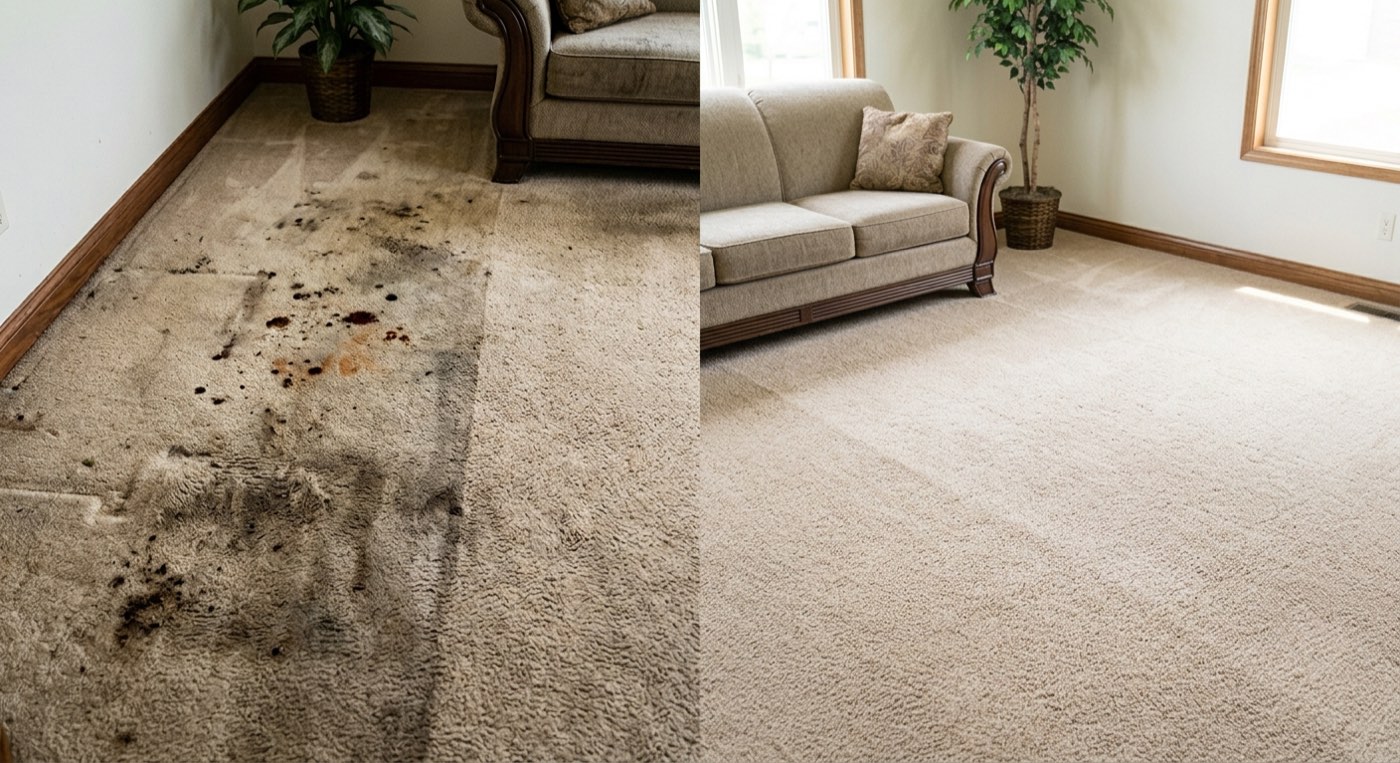 Before and after hot water extraction carpet cleaning by Falcon Cleaners